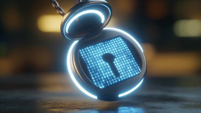 A glowing futuristic pendant with a digital display, dangling from a chain, against an abstract background