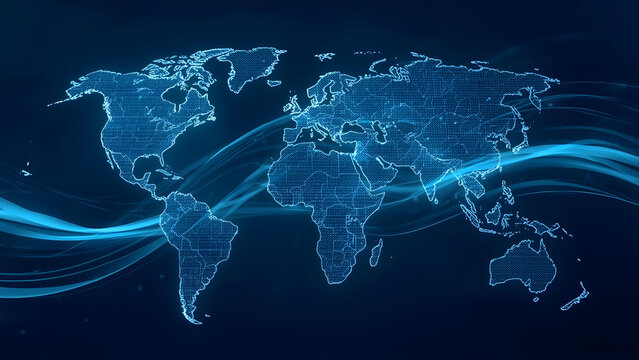 Global network connections illustrated on a digital world map with flowing data streams - Powered by Adobe