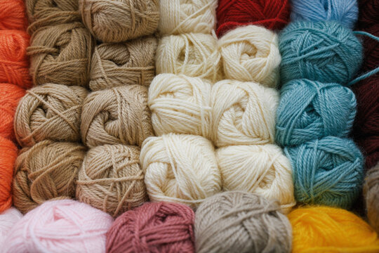 Colorful yarn balls arranged neatly on display in a store