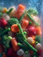 Vibrant Frozen Vegetable Mix Behind Water Droplets