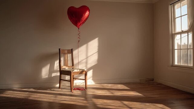 Floating heart shaped balloon tied to empty wooden chair in sunlit room with warm natural light