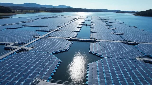 Floating Solar Farm on Large Reservoir, Renewable Energy, Sustainable Power
