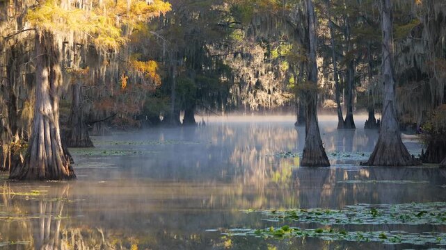 Early Morning Fog Over Bald Cypress Trees at Caddo Lake State Park, Texas
