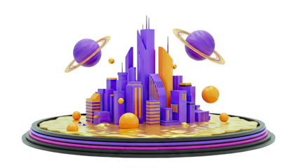 Futuristic cityscape with planets and spheres