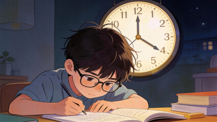 A boy studying at night.

