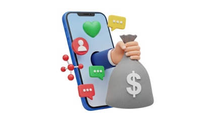 3D Illustration of Smartphone, Hand Holding Money Bag and Social Icons