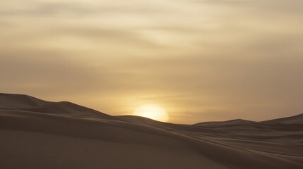 Fototapeta premium expanse. Twin suns setting over vast desert dunes during golden hour. travel magazines, destination branding, designed for travel destination branding, used by data analysts.