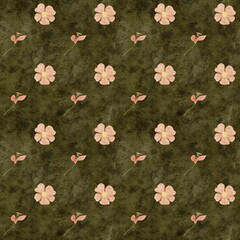 Seamless watercolor floral pattern, small peach blossoms scattered on olive. Minimal botanical surface design for fashion textiles, fabric printing, packaging, stationery, modern lifestyle branding