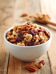 Crunchy Granola Bowl with Nuts and Dried Fruits on Wood