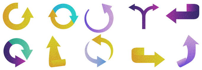 Mezzotint-effect arrows design elements vector set featuring textured, vintage-style directional symbols for creative layouts.