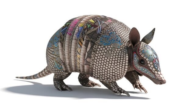 A three-banded armadillo with intricate patterns on its back, walking on a white surface.