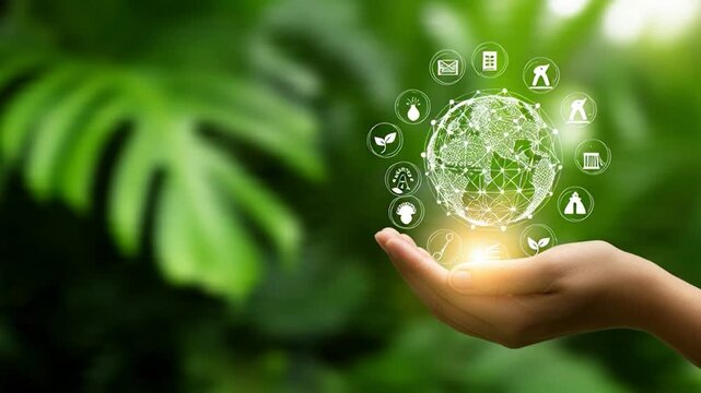 A hand gently holding a glowing green globe with icons in a seamless loop animation against a lush green background