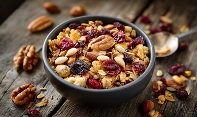 Hearty Granola Bowl with Nuts and Dried Fruits on Rustic Wood