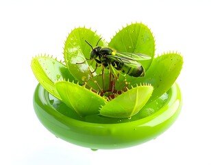 Bright green insect rests on an elaborate, cup-shaped, plant-like structure