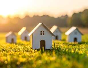 Miniature white houses sit in sunlit grassy field at golden hour