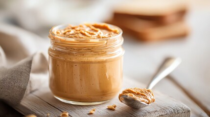 Creamy Peanut Butter Jar with Spoon on Rustic Wood
