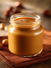Creamy Peanut Butter in a Glass Jar on Rustic Napkin