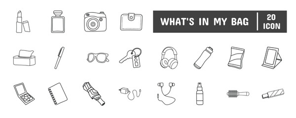 20 What's in my Bag Line Icon Illustration Set
