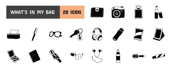 20 What's in my Bag Glyph Icon Illustration Set