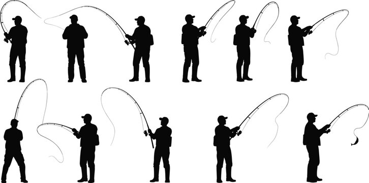 Silhouette collection of fishermen casting fishing rods in various dynamic angling poses for outdoor sport, hobby, recreation and vector design projects