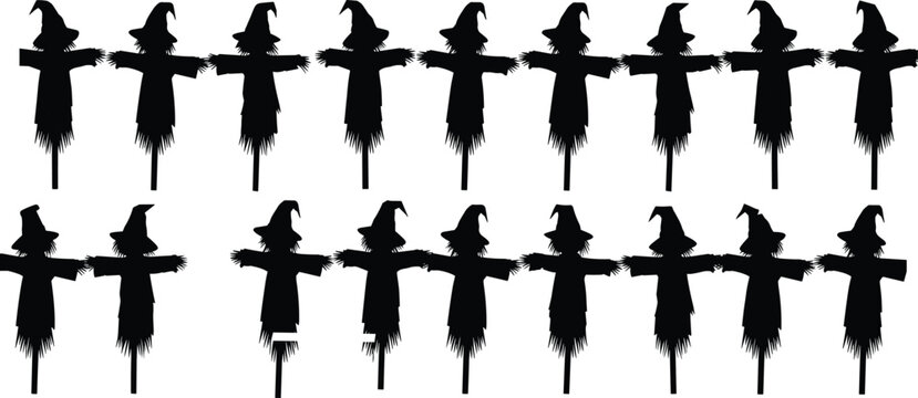 Silhouette Collection of Traditional Scarecrows with Pointed Hats and Outstretched Arms for Autumn, Halloween, and Farm-Themed Designs