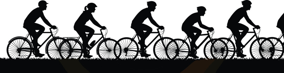 Fototapeta premium Silhouette illustration of cyclists riding in formation with helmets, symbolizing teamwork, outdoor activity, and healthy lifestyle.