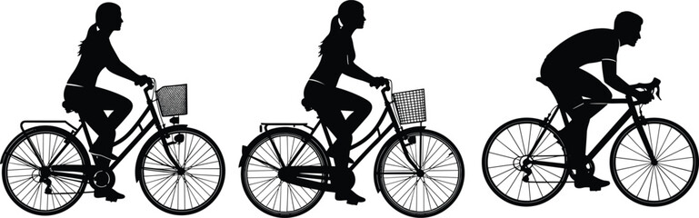 Obraz premium Silhouette illustration of three cyclists on different bikes, symbolizing commuting, performance riding, and urban mobility.