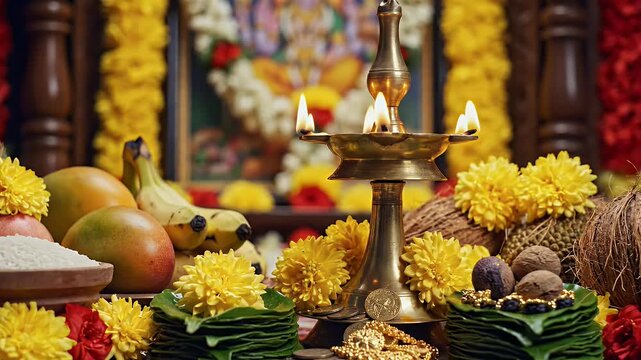 Puthandu background with traditional altar arrangement in bright colors for Tamil New Year