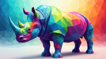 A colorful, geometrically stylized rhinoceros with a rainbow background.
