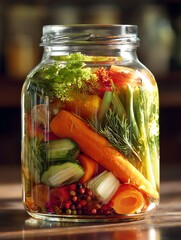 Colorful Homemade Pickled Vegetables in a Glass Jar