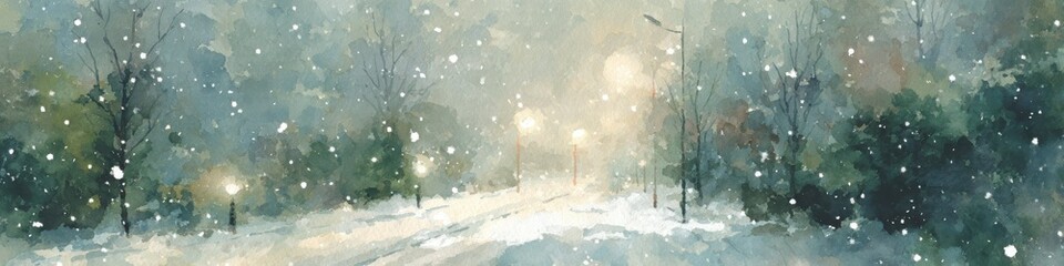 雪の公園を描いた水彩風景イラスト 冬景色