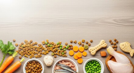 A variety of pet food and treats on a wooden table.