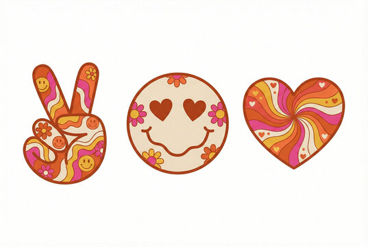 Retro Groovy Sticker Set with Psychedelic Peace Sign, Heart-Eyes Smiley Face, and Wavy Swirl Heart