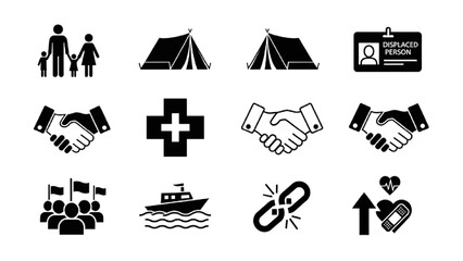 Refugee Crisis & Humanitarian Aid Icon Set – Migration, Shelter, Relief, Support, Thin Line Vector