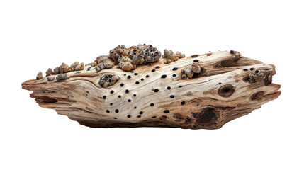 Driftwood log with barnacles and wood borer holes, showing decomposition and weathering on transparent background