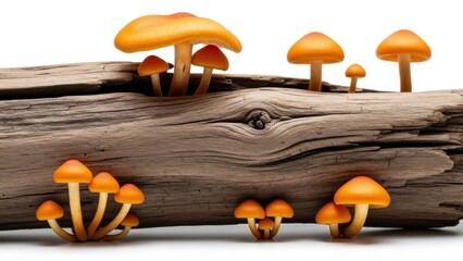 A group of mushrooms growing on a wooden log.