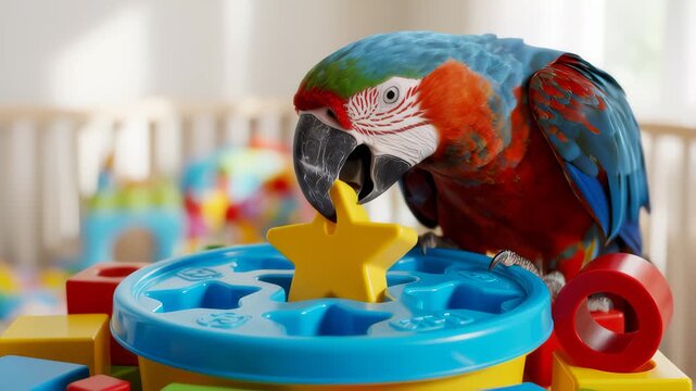 Scarlet Macaw Fitting Yellow Star Shape in Sorter Toy Indoors