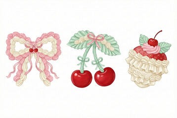 Cute pastel dessert icons set with lace bow, cherries ribbon and whipped cream cupcake with cherry, kawaii hand drawn illustration isolated on white