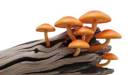 A group of orange mushrooms on a wooden log.