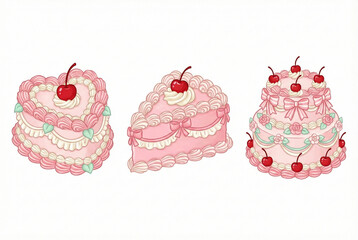 Cute pastel cake illustrations set with heart cake, slice and layered cherry cake, kawaii hand drawn dessert art isolated on white