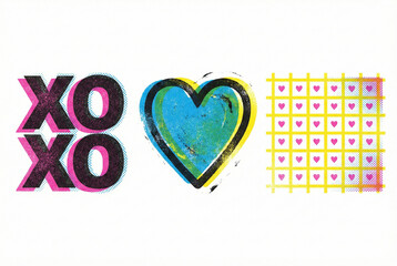 Modern love icons set with XO typography, painted heart and repeating heart pattern grid, colorful graphic design isolated on white