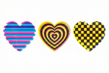 Bold graphic heart icons set with striped, psychedelic and checkerboard patterns, colorful modern love symbols isolated on white