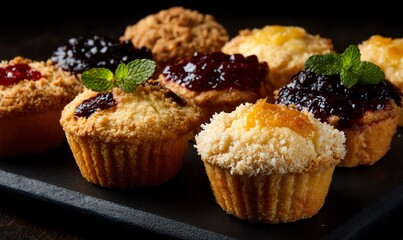 Assorted Fruit Jam Muffins with Crumb Topping and Mint