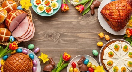 Easter-themed food spread on a wooden table with eggs, buns, and cakes.