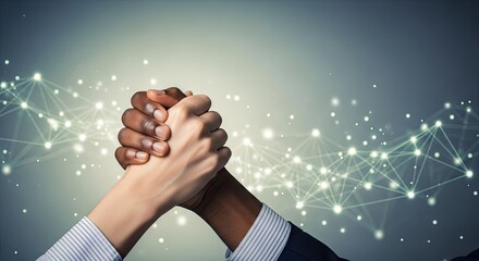 Two hands clasped together in a handshake with a digital network background.