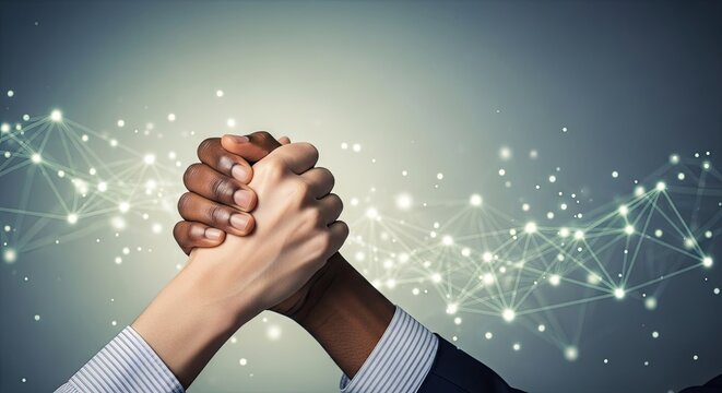 Two hands clasped together in a handshake with a digital network background.