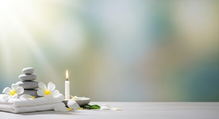 A serene spa setting with white towels, pebbles, and a lit candle on a wooden table.