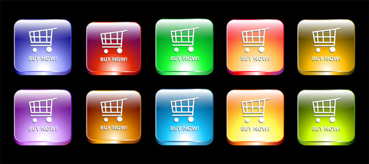 Bright and modern &ldquo;Buy Now&rdquo; ecommerce colorful buttons collection, isolated and provided as a scalable vector file.