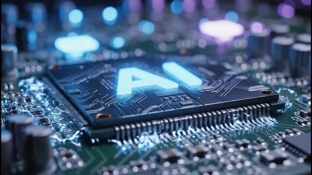AI Computer Chip Illuminated on Futuristic Circuit Board Technology Concept