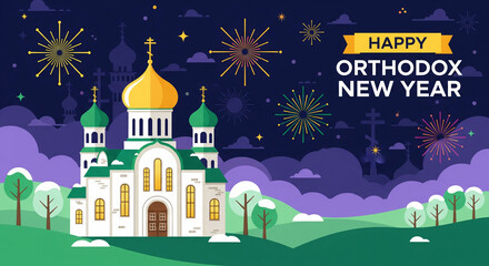 Happy Orthodox New Year Banner Illustration with Church, Gold Domes, and Fireworks